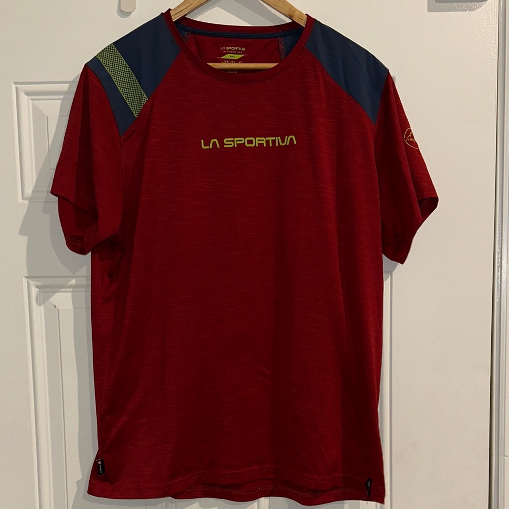 La Sportiva Red Tech Tee with Navy Shoulders and Neon Logo Men’s XL